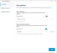 The encryption tab in the Server Configurator with enabled encyption for streaming media.