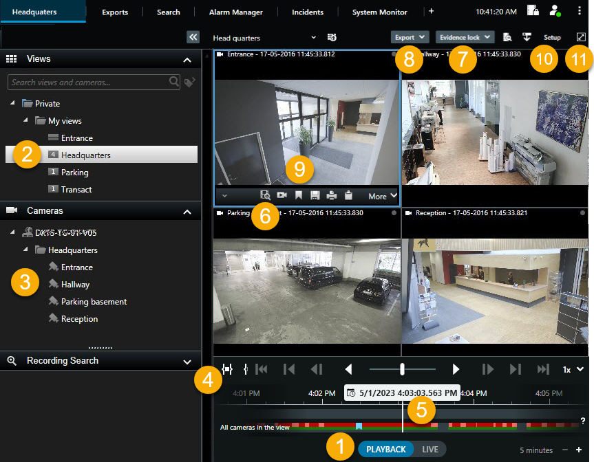 Übersicht über den Wiedergabemodus in XProtect Smart Client.