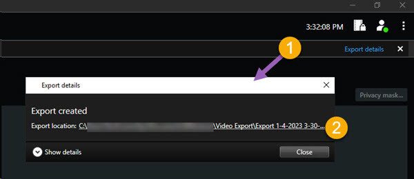 Das Fenster "Exportdetails". Der Speicherort für den Export ist ein Hyperlink. Durch Klicken auf den Hyperlink wird der Ordner geöffnet, der die Exportdateien enthält.