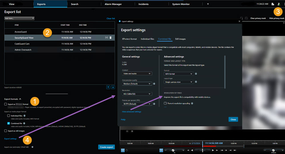 The Export settings window in XProtect Smart Client. The window has tabs for each export format: XProtect format, Media player format, Still images.