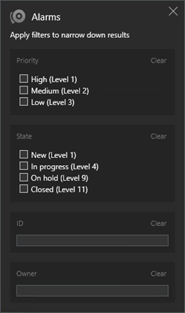 Search filters related to alarms in XProtect Smart Client.