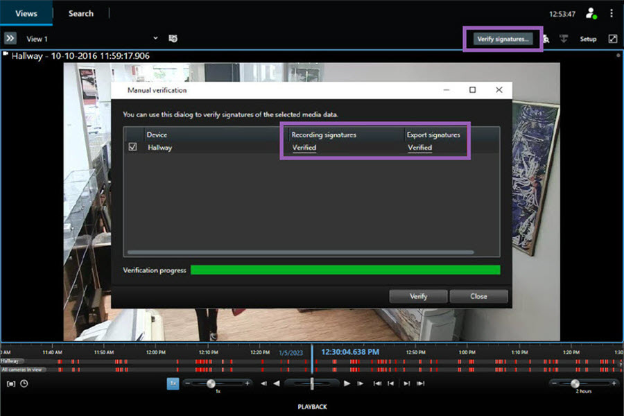 Manual verification window in XProtect Smart Client – Player. A full green progress bar marks that the validation is completed.