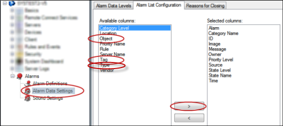 The Alarm List Configuration tab in the Alarm Data Settings window.