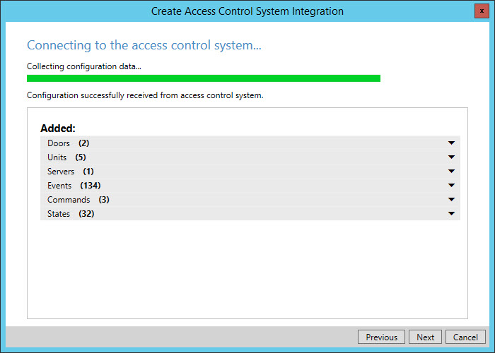 The Connecting to the access control system dialog box is collecting configuration data, such as doors, units, servers, events, commands, and states.