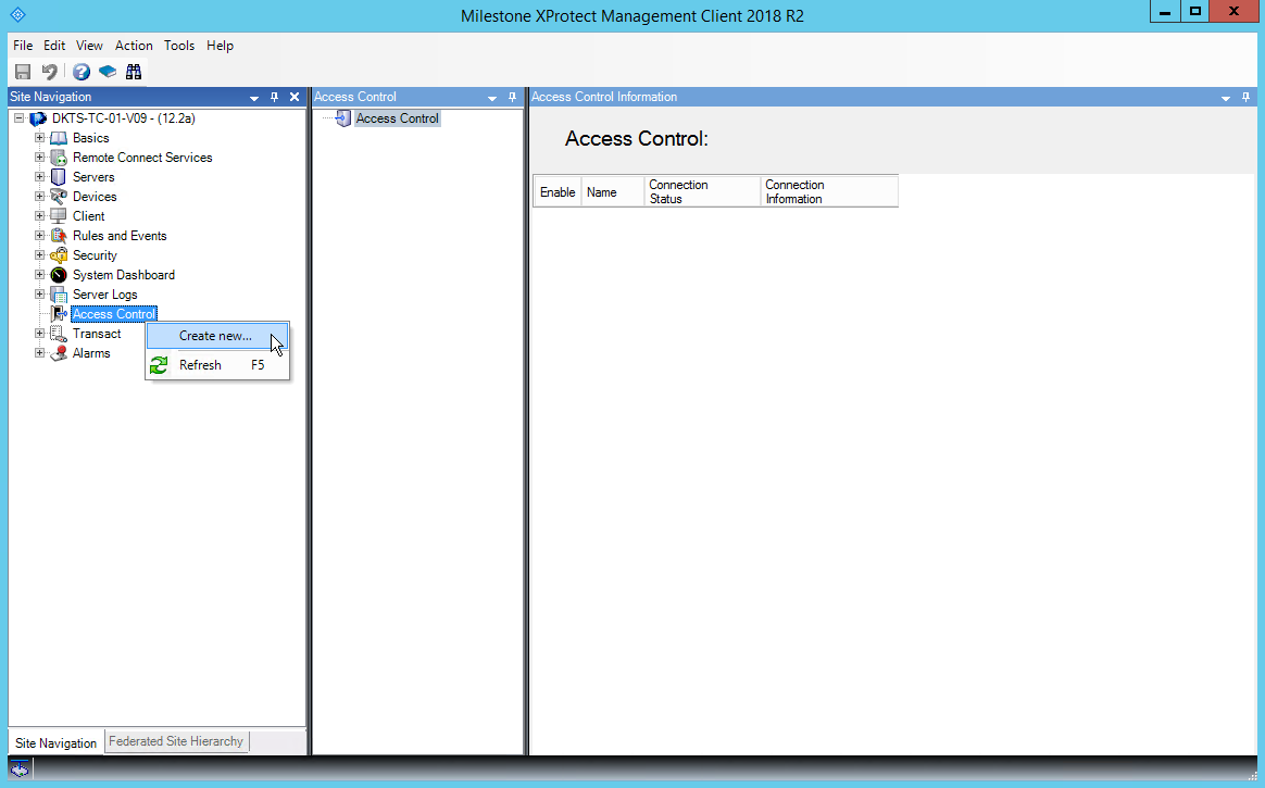 Screenshot of: XProtect Management Client > Site Navigation > Access Control > Create new