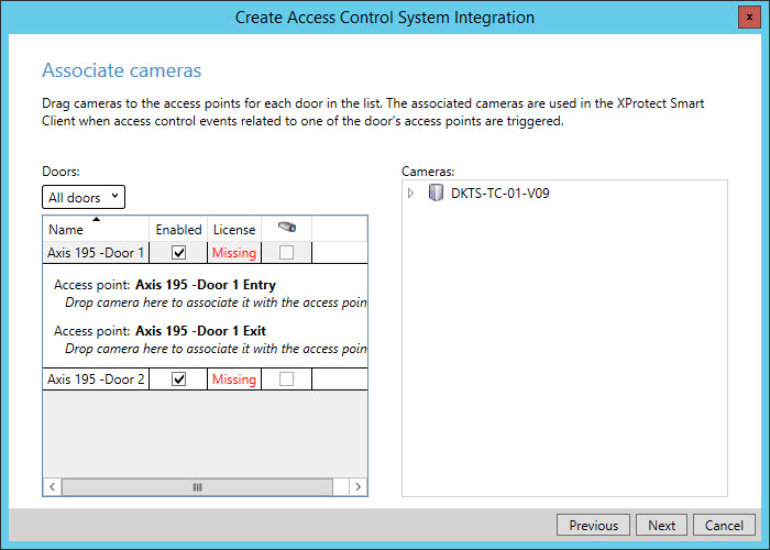 The Associate cameras dialog box. In the Cameras pane, select a camera and drag it to an access point in the Doors pane.