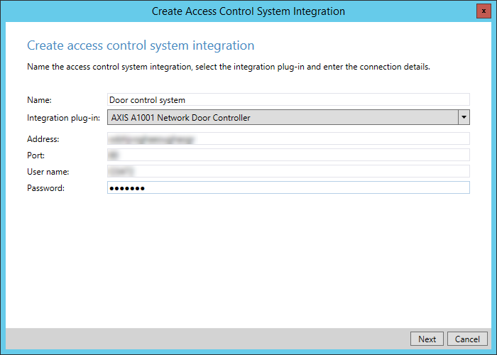 The Create access control system integration dialog box. Here, enter the name of the integration and the connection details, such as the address, port, user name, password.