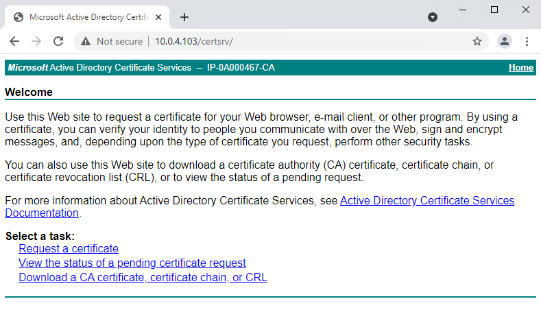 localhost/certserv - the web page of the web server hosted on the AD CS server used to distribute client certificates in the local network.