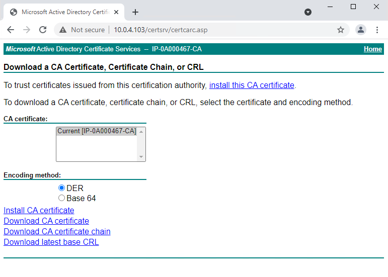 The second step of downloading the CA certificate from the CertSrv webpage. Choose to Download CA certificate chain.