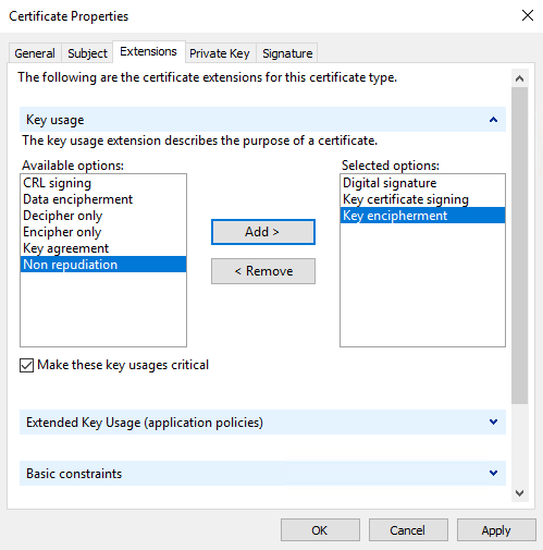 Key usage options in the Extension tab of the Certificate properties menu.