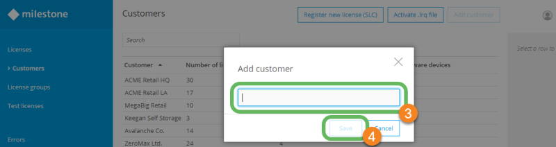 The Add customer window in Milestone Customer Dashboard.