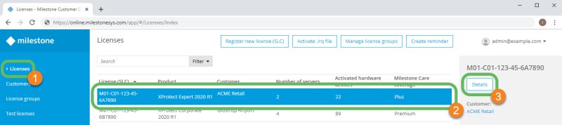 The Details button on the licenses page in Milestone Customer Dashboard.