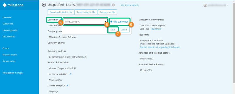 The license details page in Milestone Customer Dashboard.