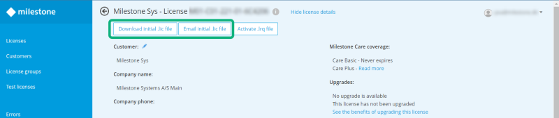 The license details page in Milestone Customer Dashboard.