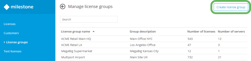 The Manage license groups page in Milestone Customer Dashboard.