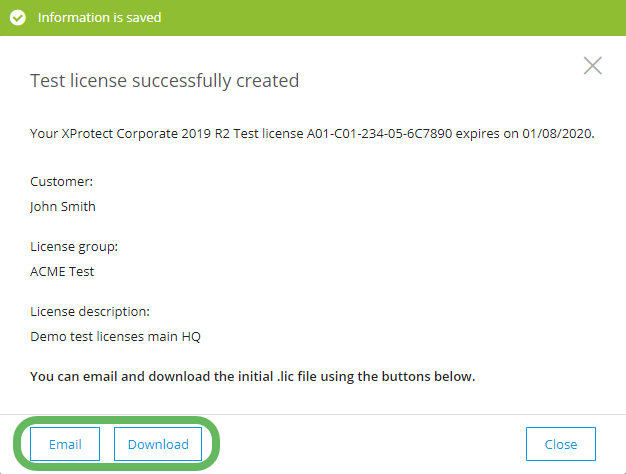 The Test license successfully created dialog box in Milestone Customer Dashboard.