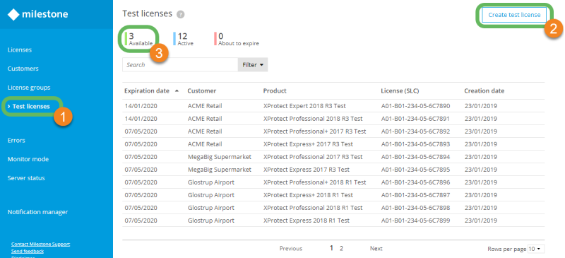 The Test licenses page in Milestone Customer Dashboard.