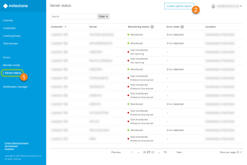 Create uptime report from the Server status page in Milestone Customer Dashboard.