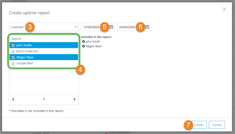 The Create uptime report window in Milestone Customer Dashboard.