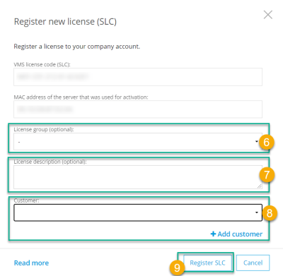 The Register new license window after an SLC and MAC address have been provided. 