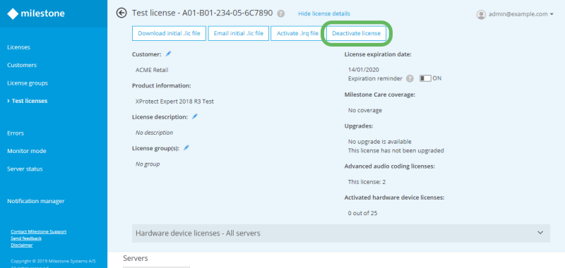 The Deactivate license button on the Test licenses page in Milestone Customer Dashboard.