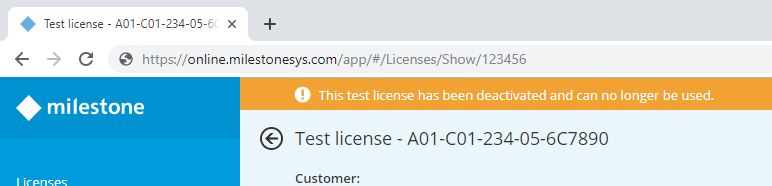 The notification bar informing that the test license has been deactivated and can no longer be used.