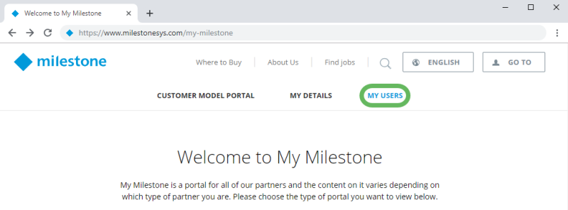 The My users page in https://www.milestonesys.com/my-milestone/.