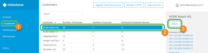 The Details button for editing a select license in Milestone Customer Dashboard.