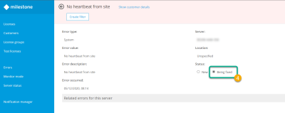 Change error status from the error details page in Milestone Customer Dashboard.