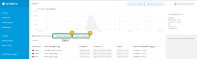 The Include errors from obsolete licenses and Inactive servers check boxes on the Errors page in Milestone Customer Dashboard.