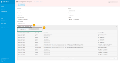 The table for Related errors for this server on the error details page in Milestone Customer Dashboard.