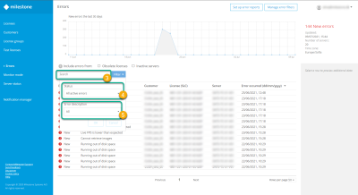 The error filter on the Errors page in Milestone Customer Dashboard.