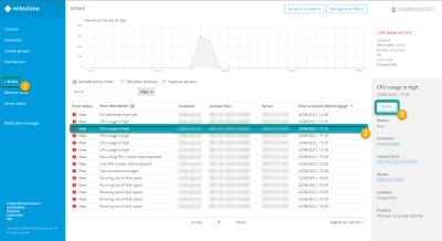 The Details button for a selected error on the Errors page in Milestone Customer Dashboard.