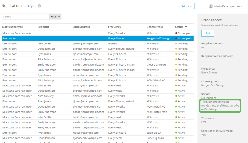 The recipient status for a selected error report on the Notification manager page in Milestone Customer Dashboard.