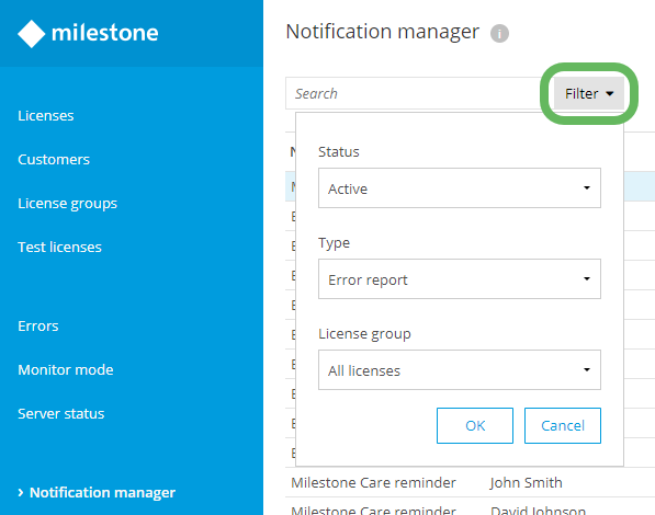 The Search filter on the Notification manager page in Milestone Customer Dashboard.