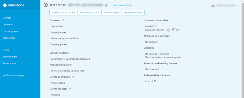 Details of a test license in Milestone Customer Dashboard.