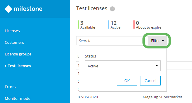 The Search filter for test licenses in Milestone Customer Dashboard.