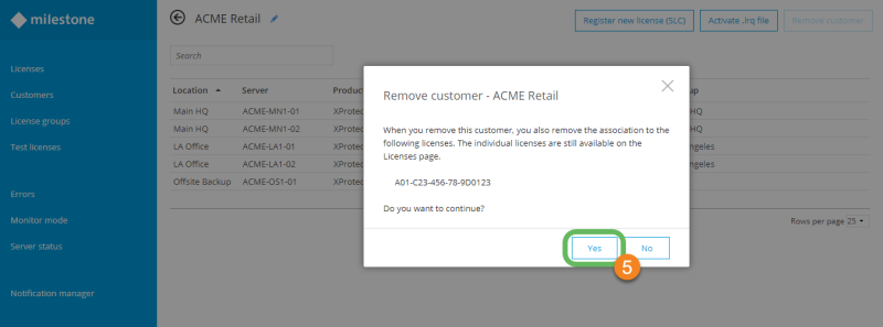 The Remove customer window in Milestone Customer Dashboard.