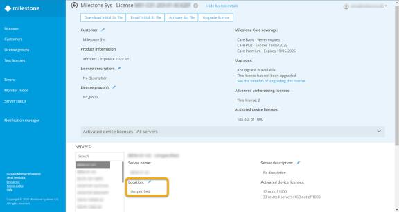 The pencil icon next to the Location field on the Licenses page in Milestone Customer Dashboard.