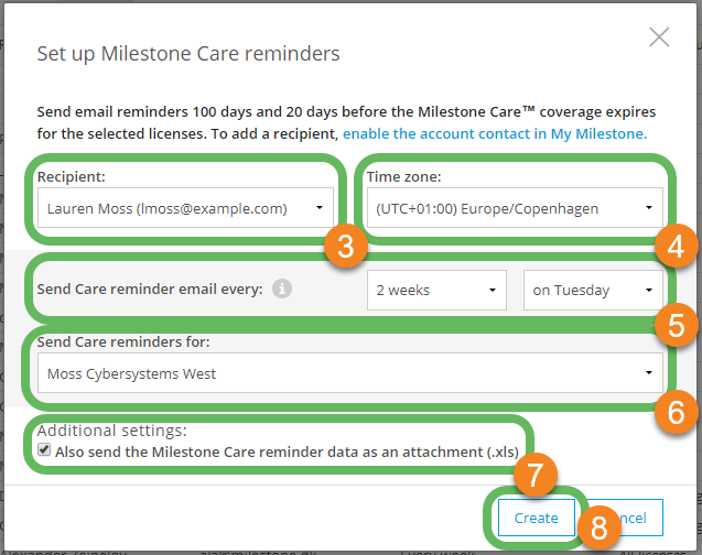 The Set up Milestone Care reminders window. 