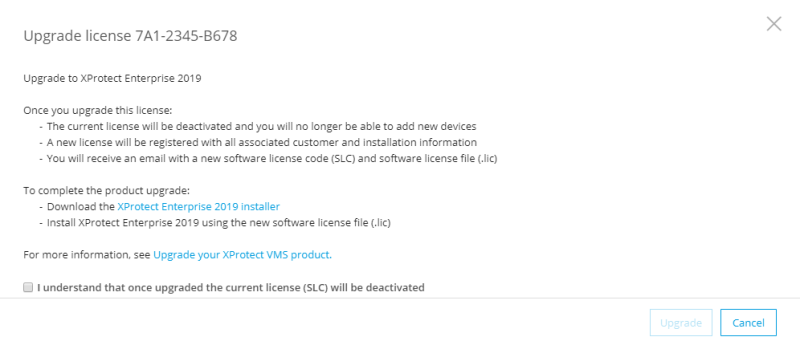 The Upgrade license window in Milestone Customer Dashboard.