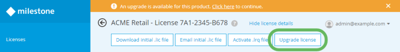 The Upgrade license button on the Licenses page in Milestone Customer Dashboard. 