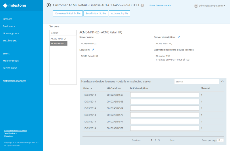 The server details section for a selected license.