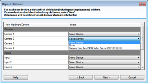 The Replace Hardware wizard window showing how to map devices in the Inherit column.