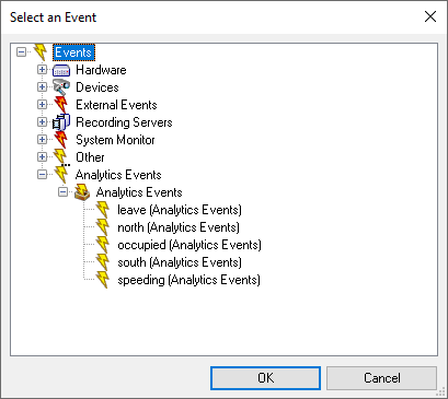 Selecting an analytics event in XProtect Management Client.