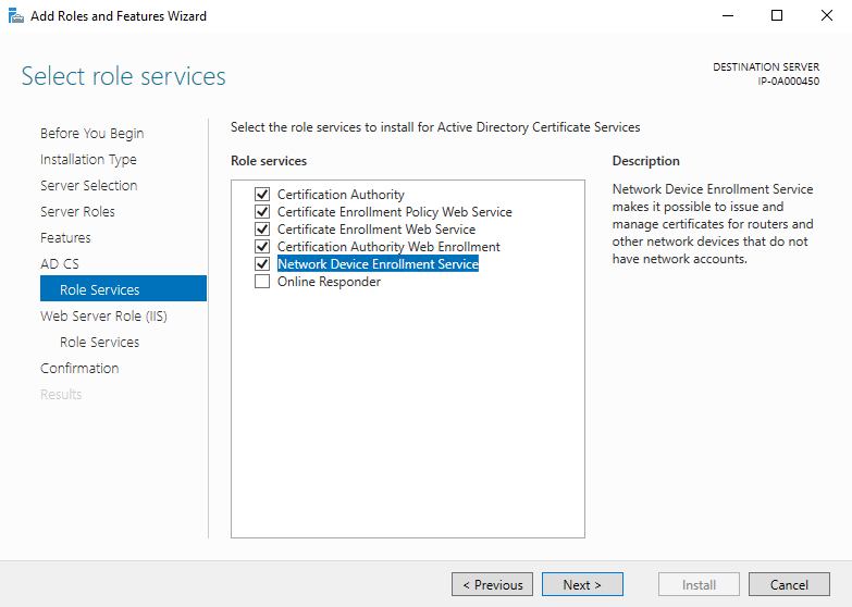 The full list of five role services required to install Active Directory Certificate Services. 