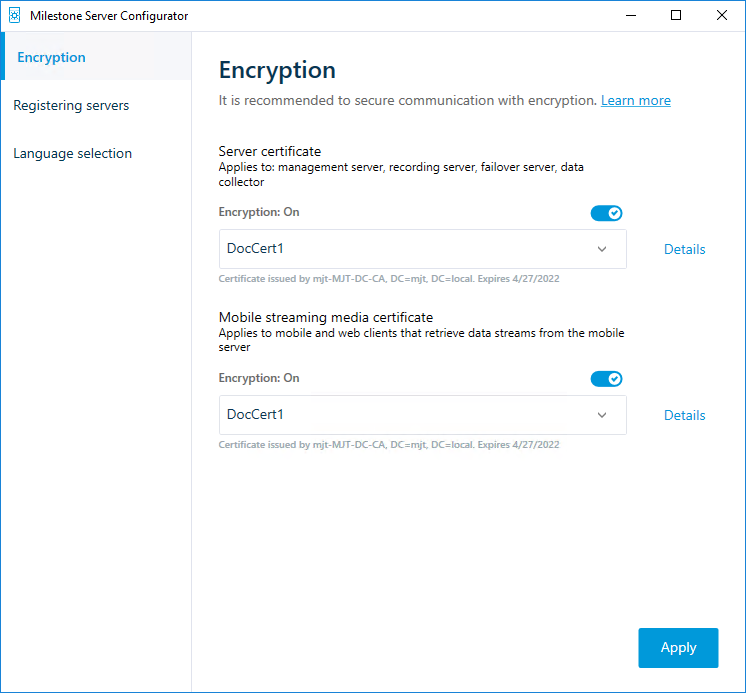 The server configurator application running on a server hosting an XProtect Management Server and Mobile Server.