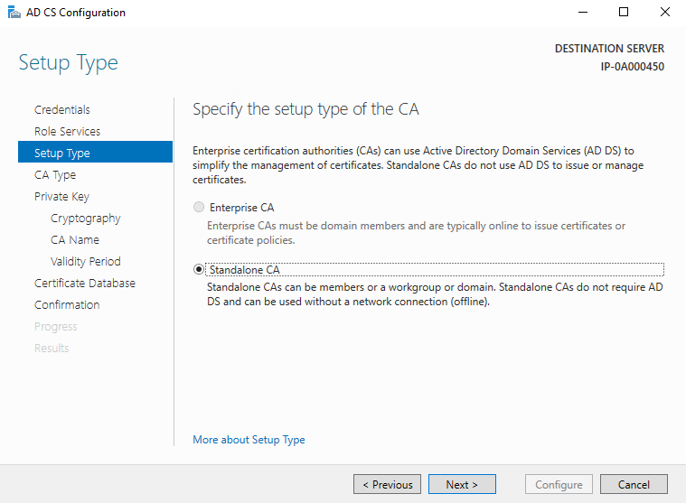 Choose to install a Standalone CA.