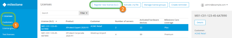 The licenses page in Milestone Customer Dashboard.