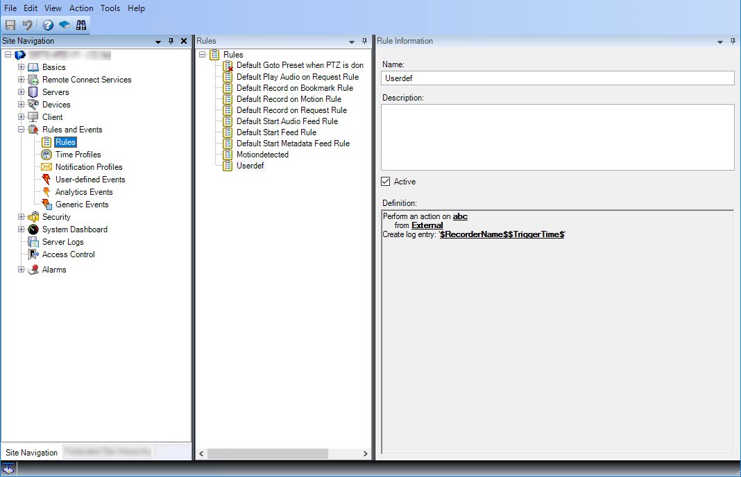 An XProtect Management Client layout with Site Navigation, Overiview and Properties panes showing rule information.